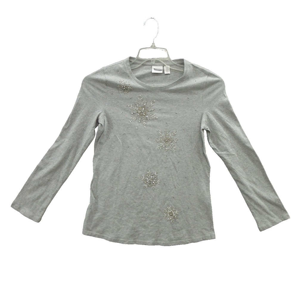 Weekend by Chico's Women's T Shirt Top O US 4 100% Cotton Beaded Long Sleeve New